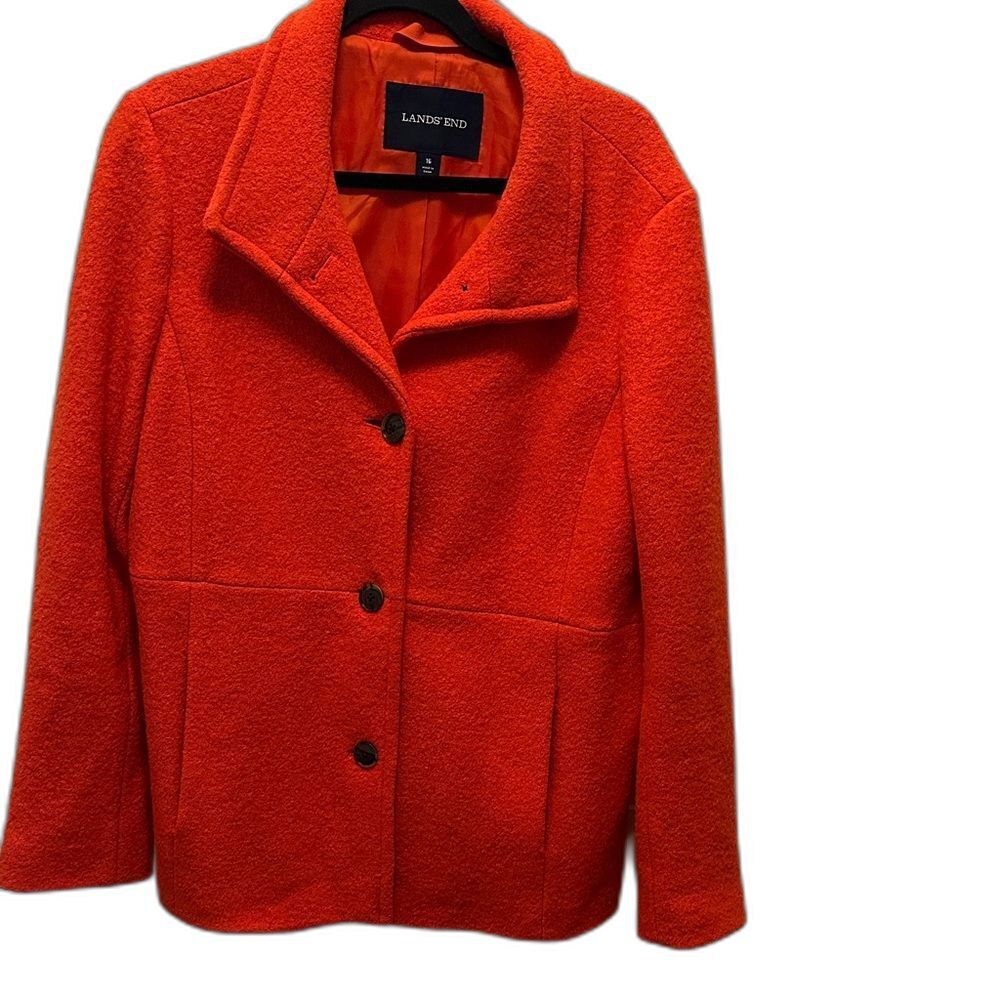 Lands' End Women's Wool Blend Bold Beautiful Orange Pea Coat Size 16